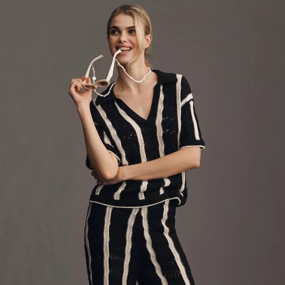 Central Park West | Striped Open-Stitch Striped Short-Sleeve Sweater | NWT - Picture 1 of 10